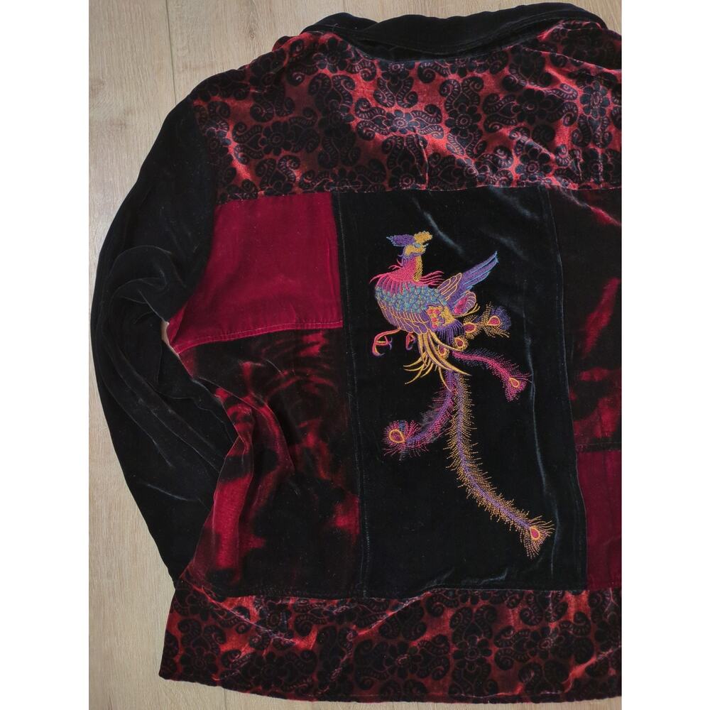 Vintage Embroidered Velvet Burnout Patchwork Phoenix Peacock Button Top Shirt